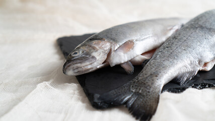 two gutted rainbow trout fish on a black stone board. fish prepared for soup. fish soup ingredient....