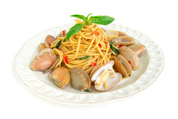 Spaghetti stir fried with clam chili Thai spicy fusion food