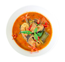 Thai spicy catfish in curry chili paste hot soup coconut milk