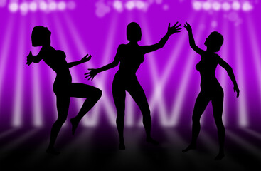 Fototapeta na wymiar Dancing girls silhouettes with white spotlights against a purple background illustration