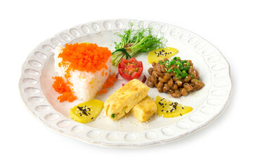 Breakfast set with rice or Onikiri on top tobiko egg
