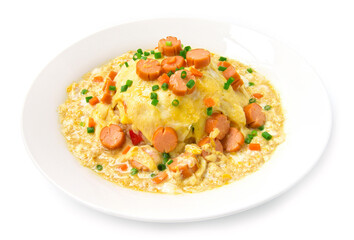Omlet creamy with saucesage carved flower shape