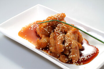 Teriyaki chicken with sesame seeds and green onions on a white plate