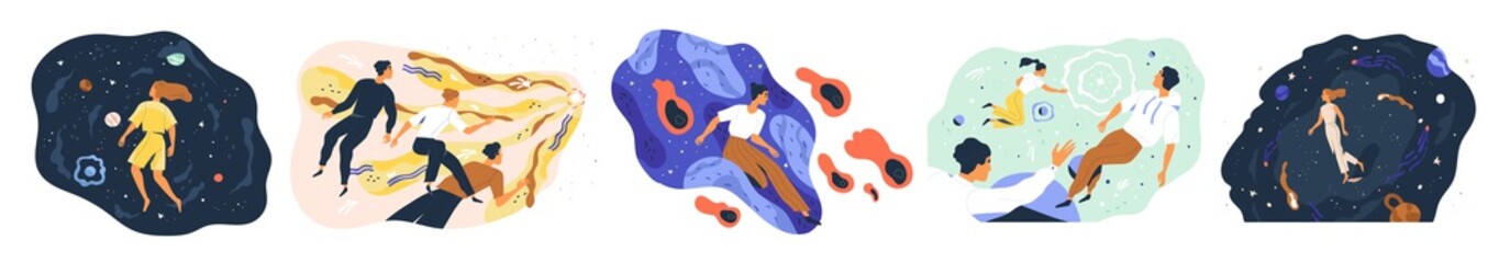 Set of people flying in space vector flat illustration. Collection of man and woman floating during exploration isolated. Concept of new user experience, new horizons and discoveries, new worlds © Good Studio