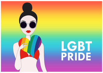 LGBT transgender rainbow banner cute girl holding heart. LGBT rainbow design background. LGBT pride 
month