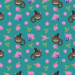 Seamless pattern with cheshire cat, tea cup and flowers.