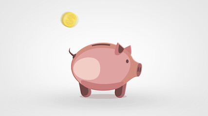 illustration with coins droppin into a pigggybank over white background.