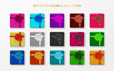 Gift boxes with bows in different colors. Set of realistic presents. Vector decoration templates.