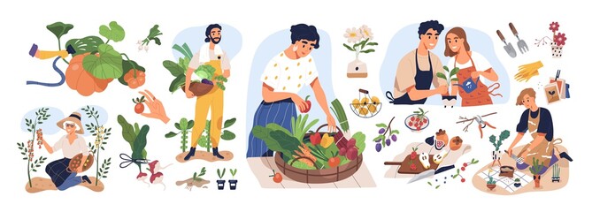 Set of different people enjoy gardening and planting vector flat illustration. Man and woman with fresh vegetables and fruits isolated on white. Farmers and gardeners doing job or agricultural hobby