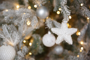 White Christmas toy hanging on a green snowy fir branch, closeup