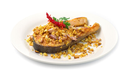 Fried Salmon with Garlic and Thai peppers