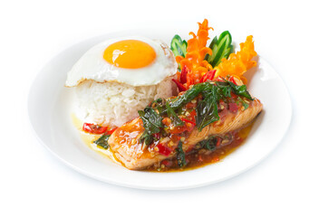 Salmon Stir fried Spicy Thai Basil hot sauce