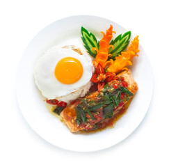 Salmon Stir fried Spicy Thai Basil hot sauce