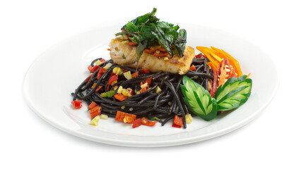 Spaghetti Salmon Spicy stir fried with Thai Basil