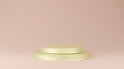 3d rendered illustration of geometric gold textured shapes podium on the floor. Mock up platforms for product presentation, minimal pastel old rose color background.
