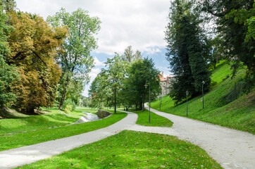 Walkways in Jeleni Zahrada outdoor park, Cesky Krumlov, Czech Republic