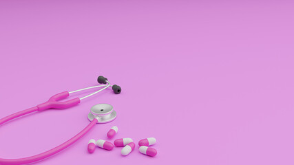 3D render illustration of a pink stethoscope with pink and white capsules on soft pink background.