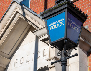 The Metropolitan Police sign by a police station in London.