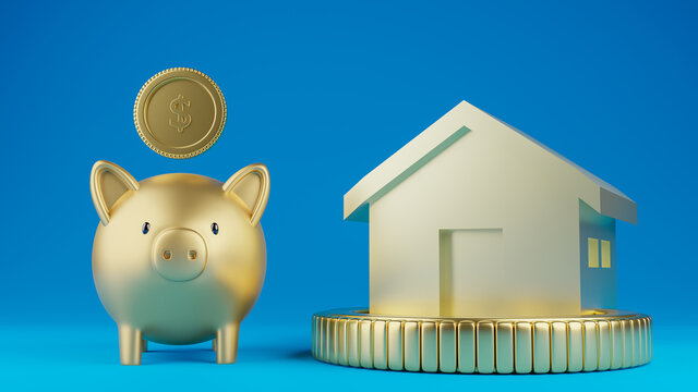 3d Rendered Illustration Of  A Gold Piggy Bank With A Model House On A Large Coin. Blue Color Background. Saving, Business, And Finance Concept.