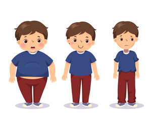 Vector illustration cute cartoon fat boy, average boy, and skinny boy. Boy with different weight.