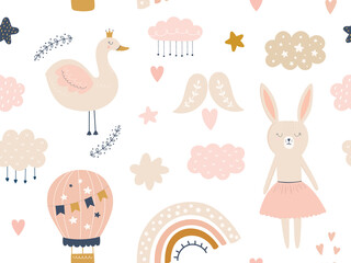Baby animals seamless pattern. Fabric pattern. Vector illustration with cute animals. Nursery baby pattern illustration