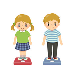 Vector illustration cute cartoon kids checking their weight on the scales.