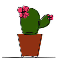 vector, isolated, green cactus in a pot, one line drawing