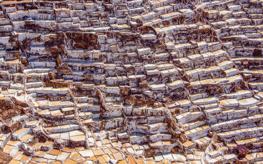 Aerial View of Salt pans Salineras de Maras in the Sacred Valley in Peru near Cusco