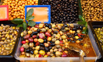 Marinated olives for sale at street market in Istanbul, Turkey