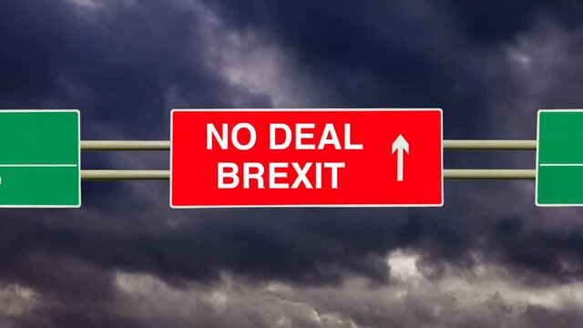 No Deal Brexit on a road sign with an arrow pointing the way to no agreement. Stormy sky and timelapse dark clouds. A deal for the exit of the United Kingdom the UK from the European Union the EU. 