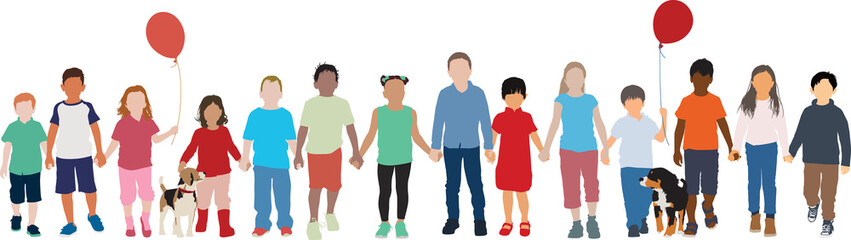 Group of multiethnic children walk together holding hands peacefully vector background