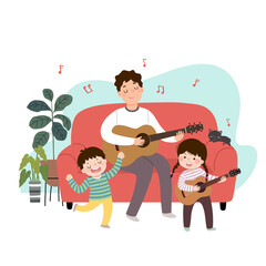 Vector illustration of a cartoon father playing guitar and singing with his children at home. Family enjoying time at home concept.