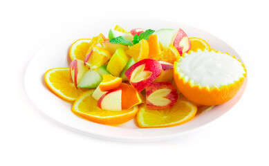 Naklejka na ściany i meble Fruit Salad apple mango orange with Greek yogurt