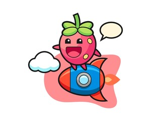 Strawberry cartoon riding a rocket
