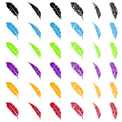 Set of Vector Design of Black, Blue, Green, Purple, Yellow, and Red Feather with Pattern Theme