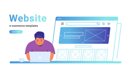 Website e-commerce template to create an electronic store online. Creative vector illustration of cute man working with laptop, building her own website for selling goods or personal site with banner.