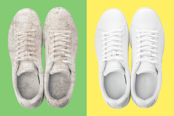 Pair of trendy shoes before and after cleaning on color backgrounds, top view