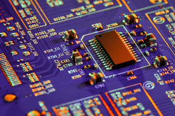Electronic circuit board close up.