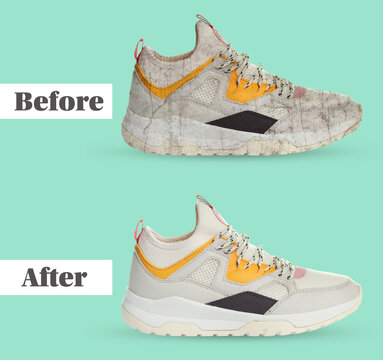 Trendy shoe before and after cleaning on turquoise background