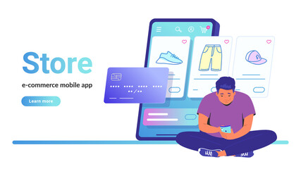 Online store e-commerce mobile app. Flat line vector illustration of cute man sitting alone in lotus pose with smartphone and shopping online. Credit card and shop items line icons on white background