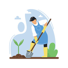 A man with  a shovel plants seedlings. Farmer planting vegetables using shovel. Concept of gardening, farming, working on land, natural production. Vector illustration.