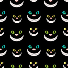 Cheshire cats smiling in darkness. Vector seamless pattern.