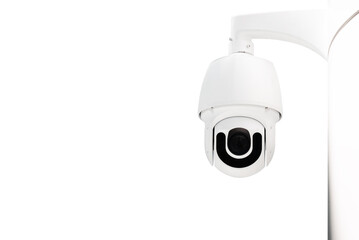 Modern public CCTV camera on wall isolated on white background. Intelligent reccording cameras for monitoring all day and night. Concept of surveillance and monitoring with clipping path copy space.