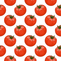 Seamless pattern with cartoon fresh red tomato. Colorful farm vegetable, organic vegetarian food. Illustration on white background for design print, wrapping paper, fabric, textile, decoration, banner
