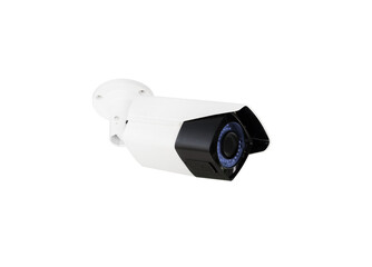 Modern public CCTV camera on wall isolated on white background. Intelligent reccording cameras for monitoring all day and night. Concept of surveillance and monitoring with clipping path copy space.