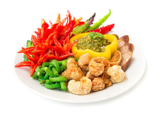 Thai spicy Chili green paste dipping sauce with fresh carving vagetable
