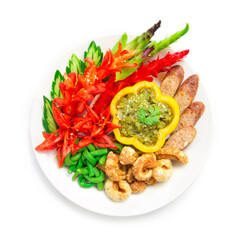Thai spicy Chili green paste dipping sauce with fresh carving vagetable