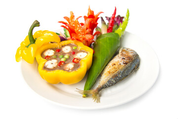Thai spicy shrimp paste chili dipping sauce with grill mackerel fish
