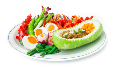 Thai spicy shrimp paste chili stir fried dipping sauces with boiled salt egg