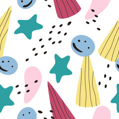 Seamless pattern with abstract colorful shapes on a white background. Geometric shapes: triangles, stars, and circles. Doodle, simple illustration. It can be used for decoration of textile, paper.